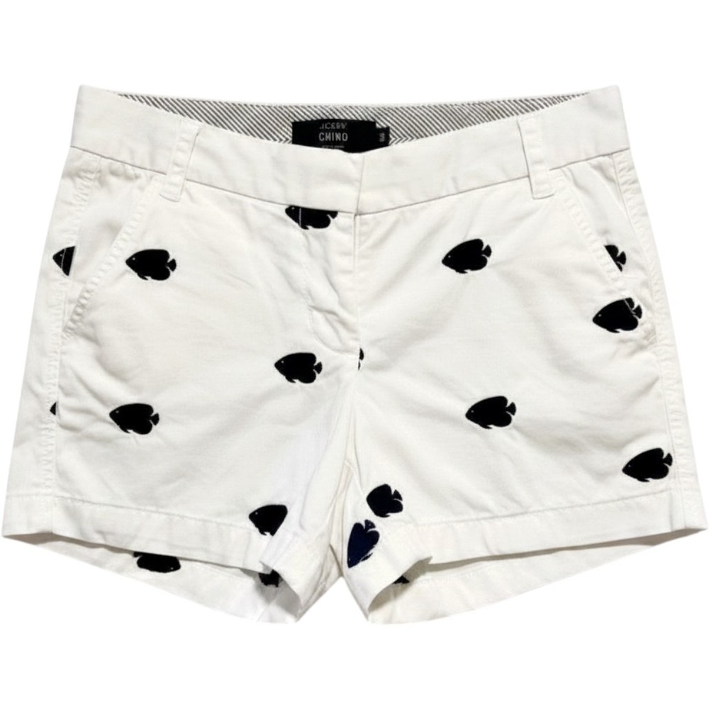 J.Crew Chino Shorts Womens 00 White Navy Fish Embroidered Cotton Summer Preppy